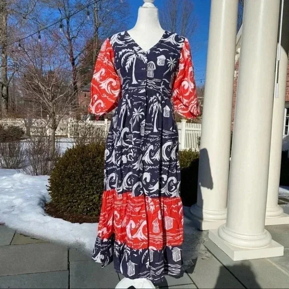 Anthropologie Place Nationale Linen Puff Sleeve Printed Midi Dress Red Small